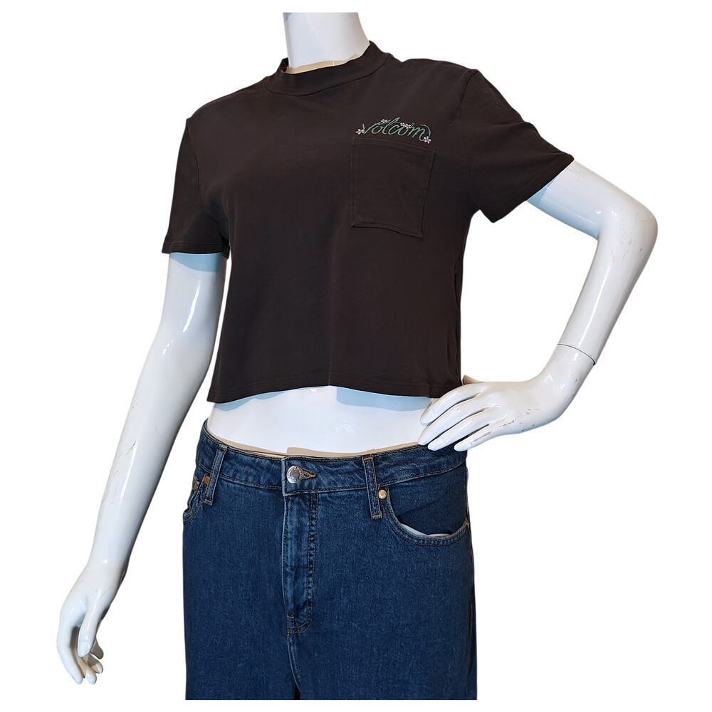 Volcom Organic Cotton Floral Logo Crop Tee Black Pocket Top
